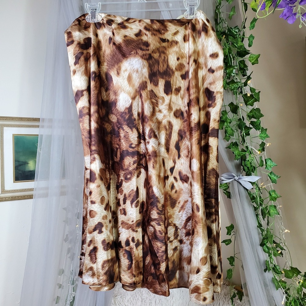 Y2K 90s Silk Animal Print Midi Skirt 16 Fit & Flare Party Career Wedding Guest